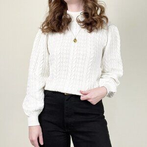 Anthropologie Cable Knit Open Back Puff Poof Balloon Sleeve Sweater Light Preppy